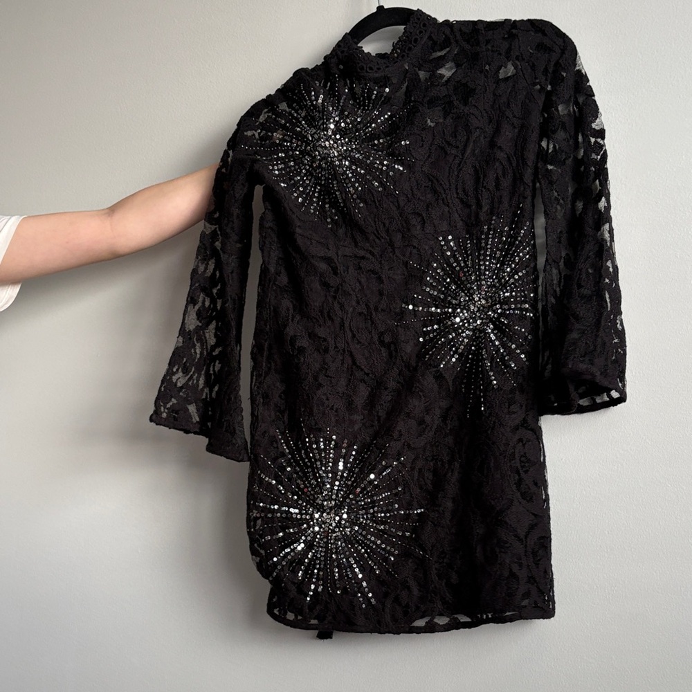 Free People Black Lace Mini Dress with Silver Accents